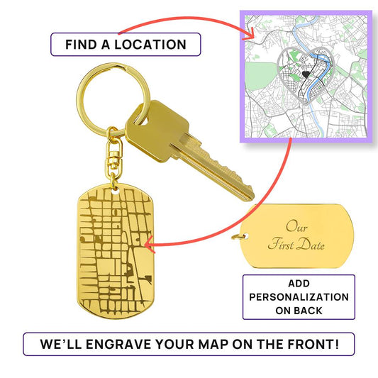 Personalized Map Dog Tag Keychain — Engraved Coordinates
