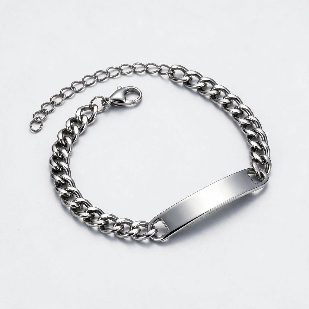 Silver stainless steel engraved ID bracelet with custom name on adjustable curb chain