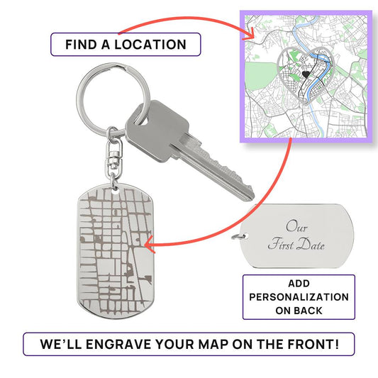 Personalized Map Dog Tag Keychain — Engraved Coordinates