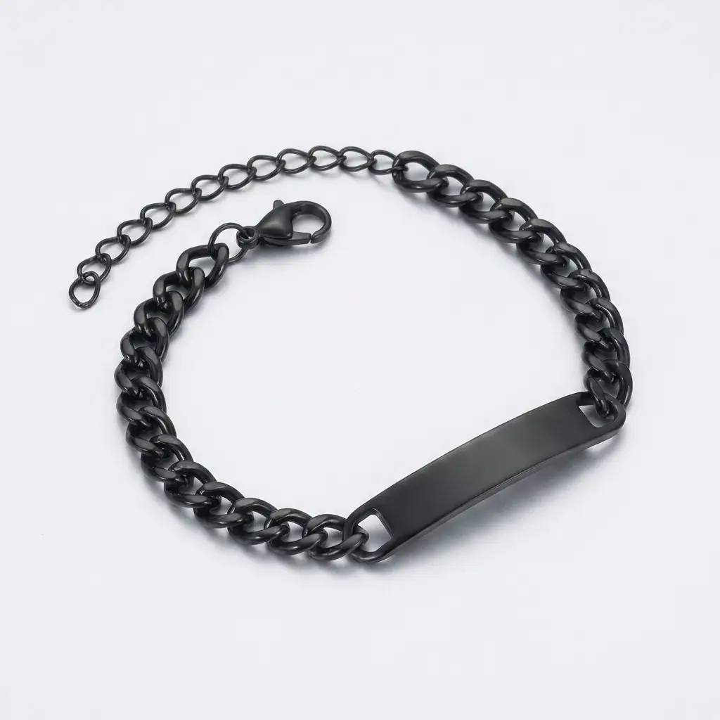 Black stainless steel engraved ID bracelet with custom name on adjustable curb chain