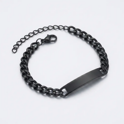 Black stainless steel engraved ID bracelet with custom name on adjustable curb chain