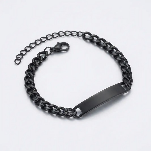 Black stainless steel engraved ID bracelet with custom name on adjustable curb chain