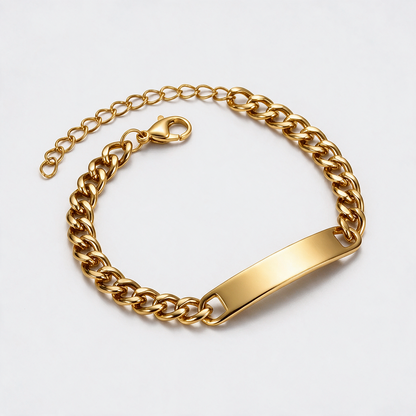 Gold stainless steel engraved ID bracelet with custom name on adjustable curb chain